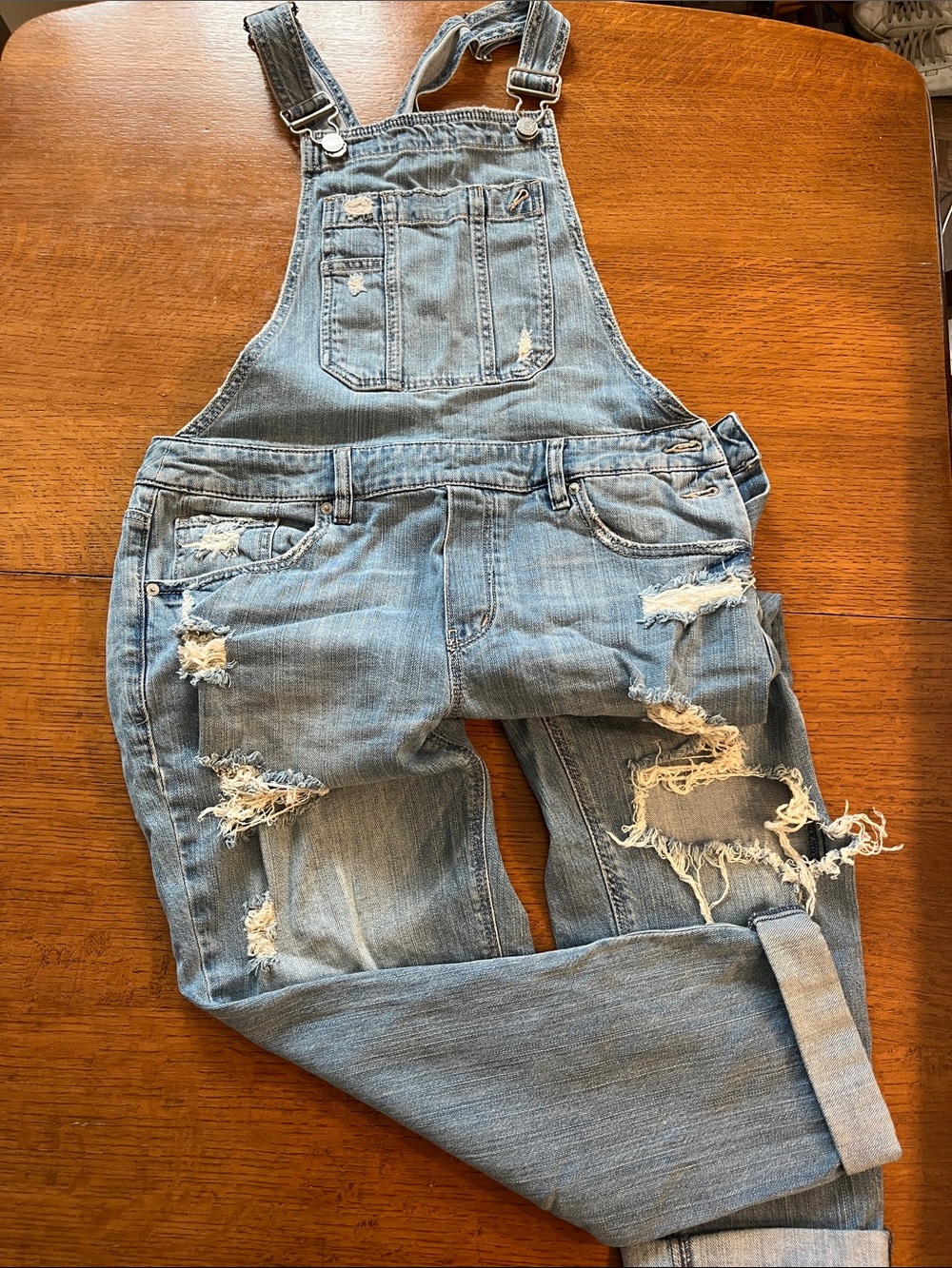 Garage Light Blue Distressed Denim Overalls